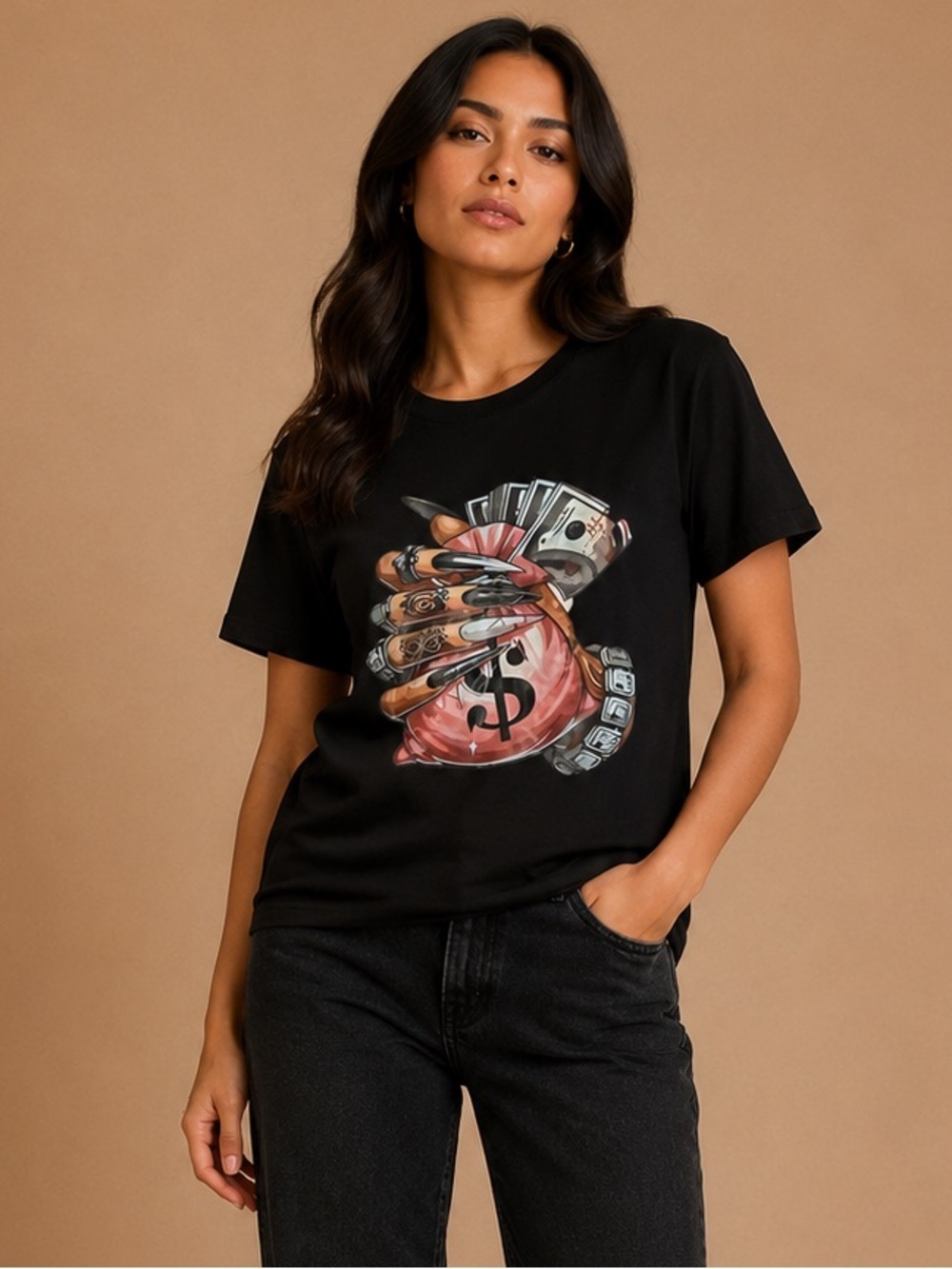 Black Money Bag Cash Graphic Streetwear T-Shirt Size Large